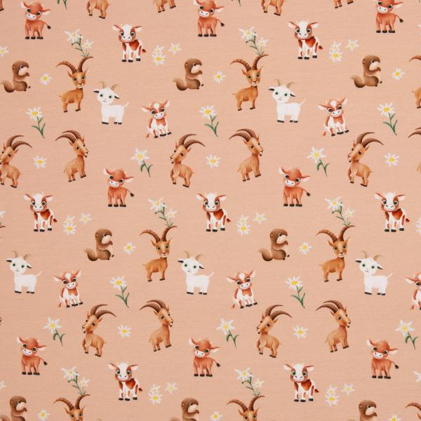 Baumwolljersey Alpenliebe Tiere auf Lachs by Swafing von Mrs. Mint Design